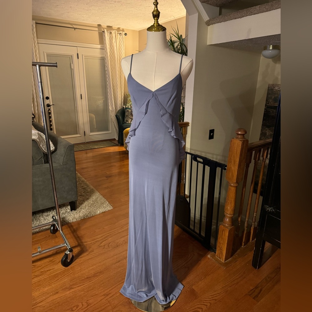 BCBGMaxAzria Dusty Blue Backless Ruffle Slip Gown